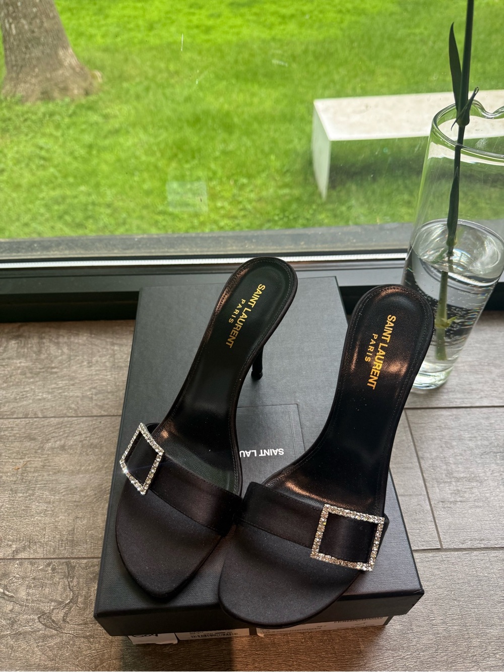 Saint Laurent Black Satin Crystal-Buckle Heeled Mules - Picture 5 of 5